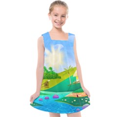 Tropical Resort Huts Lake River Kids  Cross Back Dress by Simbadda