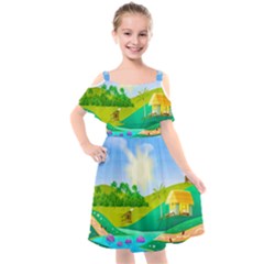 Tropical Resort Huts Lake River Kids  Cut Out Shoulders Chiffon Dress