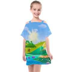 Tropical Resort Huts Lake River Kids  One Piece Chiffon Dress