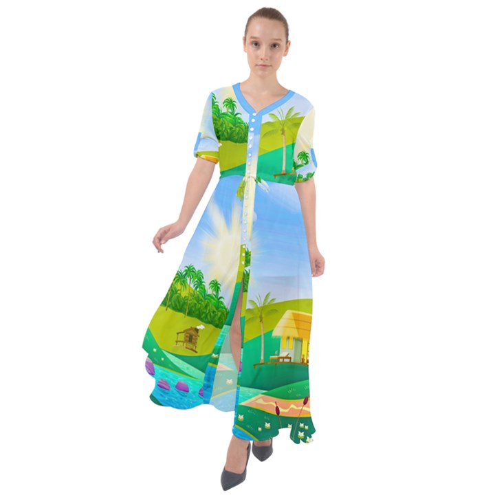 Tropical Resort Huts Lake River Waist Tie Boho Maxi Dress