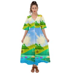 Tropical Resort Huts Lake River Kimono Sleeve Boho Dress by Simbadda