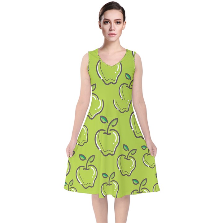 Fruit Apple Green V-Neck Midi Sleeveless Dress 