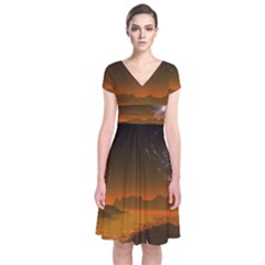 Galaxy Galaxies Bump Together Lava Short Sleeve Front Wrap Dress by Simbadda