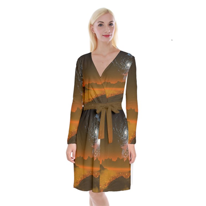 Galaxy Galaxies Bump Together Lava Long Sleeve Velvet Front Wrap Dress