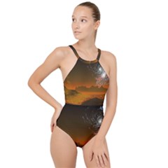 Galaxy Galaxies Bump Together Lava High Neck One Piece Swimsuit by Simbadda