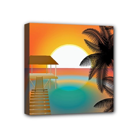 Sunset Beach Beach Palm Ocean Mini Canvas 4  X 4  (stretched) by Simbadda