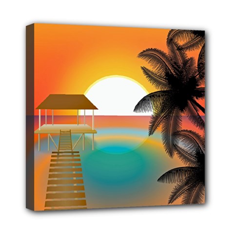 Sunset Beach Beach Palm Ocean Mini Canvas 8  X 8  (stretched) by Simbadda