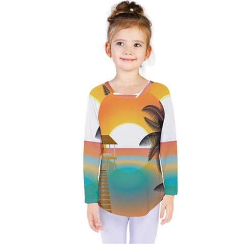 Sunset Beach Beach Palm Ocean Kids  Long Sleeve Tee by Simbadda