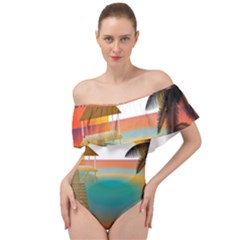 Sunset Beach Beach Palm Ocean Off Shoulder Velour Bodysuit  by Simbadda