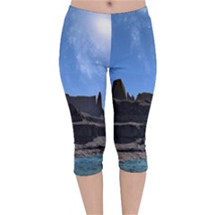 Mountains Galaxy Lake Landscape Velvet Capri Leggings  by Simbadda