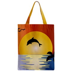 Ocean Sunset Dolphin Palm Tree Zipper Classic Tote Bag by Simbadda