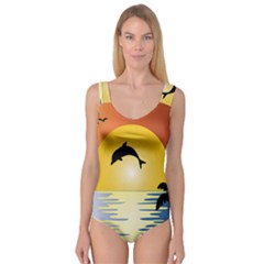 Ocean Sunset Dolphin Palm Tree Princess Tank Leotard  by Simbadda