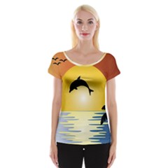 Ocean Sunset Dolphin Palm Tree Cap Sleeve Top by Simbadda