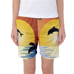 Ocean Sunset Dolphin Palm Tree Women s Basketball Shorts by Simbadda