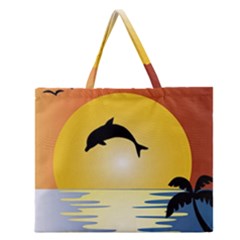 Ocean Sunset Dolphin Palm Tree Zipper Large Tote Bag by Simbadda