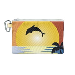 Ocean Sunset Dolphin Palm Tree Canvas Cosmetic Bag (medium) by Simbadda