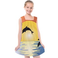 Ocean Sunset Dolphin Palm Tree Kids  Cross Back Dress by Simbadda