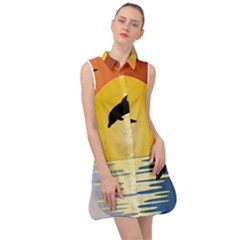 Ocean Sunset Dolphin Palm Tree Sleeveless Shirt Dress by Simbadda