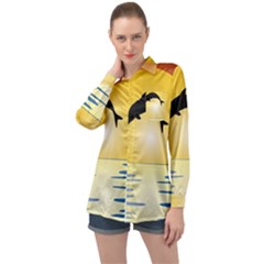 Ocean Sunset Dolphin Palm Tree Long Sleeve Satin Shirt