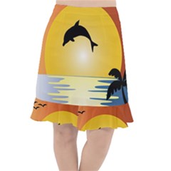 Ocean Sunset Dolphin Palm Tree Fishtail Chiffon Skirt by Simbadda