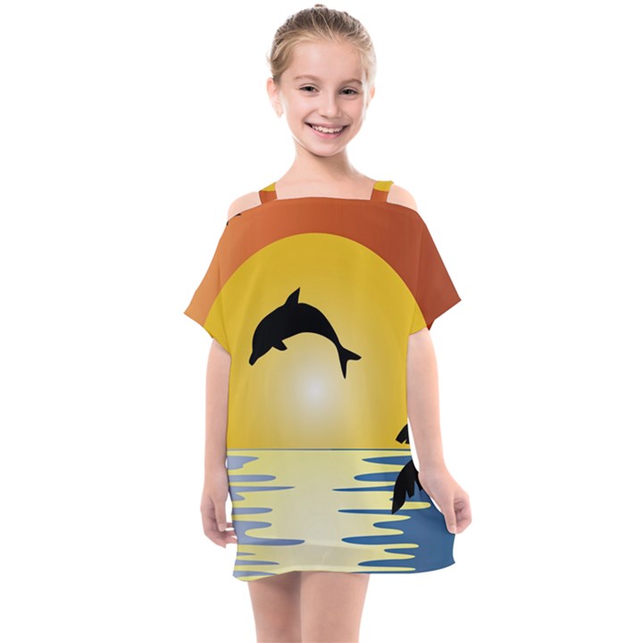 Ocean Sunset Dolphin Palm Tree Kids  One Piece Chiffon Dress