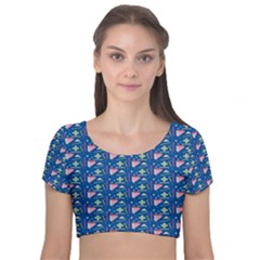 Memphis Pattern Velvet Short Sleeve Crop Top  by Simbadda