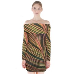 Leaf Patten Lines Colorful Plant Long Sleeve Off Shoulder Dress by Simbadda