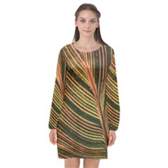 Leaf Patten Lines Colorful Plant Long Sleeve Chiffon Shift Dress 