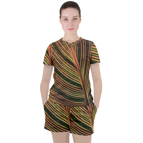 Leaf Patten Lines Colorful Plant Women s Tee And Shorts Set by Simbadda