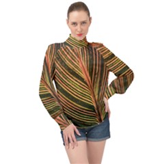 Leaf Patten Lines Colorful Plant High Neck Long Sleeve Chiffon Top