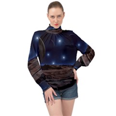 Lunar Landscape Star Brown Dwarf High Neck Long Sleeve Chiffon Top by Simbadda