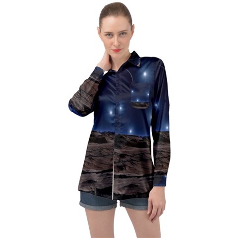 Lunar Landscape Star Brown Dwarf Long Sleeve Satin Shirt by Simbadda