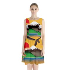 Mount Fuji Japan Lake Sun Sunset Sleeveless Waist Tie Chiffon Dress by Simbadda