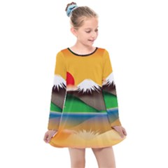 Mount Fuji Japan Lake Sun Sunset Kids  Long Sleeve Dress by Simbadda