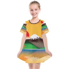 Mount Fuji Japan Lake Sun Sunset Kids  Smock Dress by Simbadda