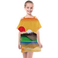 Mount Fuji Japan Lake Sun Sunset Kids  One Piece Chiffon Dress by Simbadda