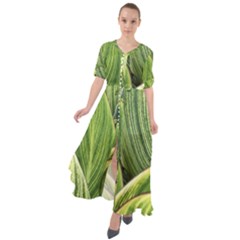 Leaves Striped Pattern Texture Waist Tie Boho Maxi Dress