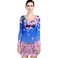 Sakura Cherry Blossom Night Moon Long Sleeve Bodycon Dress by Simbadda