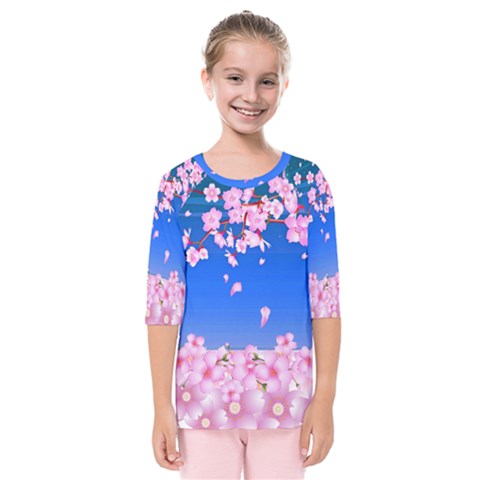 Sakura Cherry Blossom Night Moon Kids  Quarter Sleeve Raglan Tee by Simbadda