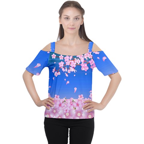 Sakura Cherry Blossom Night Moon Cutout Shoulder Tee by Simbadda