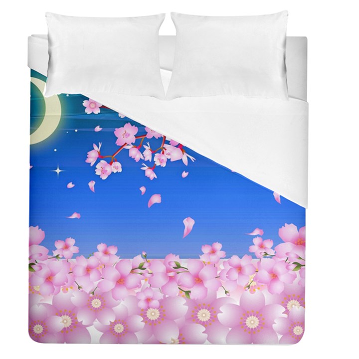 Sakura Cherry Blossom Night Moon Duvet Cover (Queen Size)