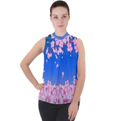 Sakura Cherry Blossom Night Moon Mock Neck Chiffon Sleeveless Top by Simbadda