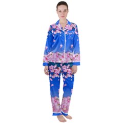 Sakura Cherry Blossom Night Moon Satin Long Sleeve Pyjamas Set by Simbadda