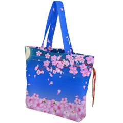 Sakura Cherry Blossom Night Moon Drawstring Tote Bag by Simbadda