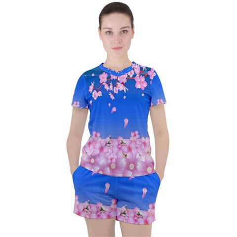 Sakura Cherry Blossom Night Moon Women s Tee And Shorts Set by Simbadda