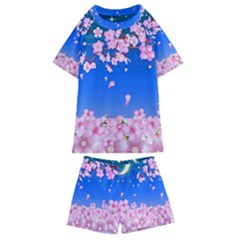 Sakura Cherry Blossom Night Moon Kids  Swim Tee And Shorts Set by Simbadda