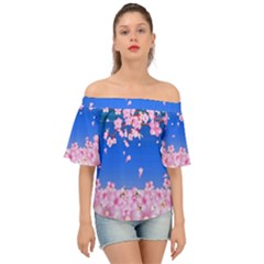 Sakura Cherry Blossom Night Moon Off Shoulder Short Sleeve Top