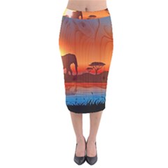 African Background Velvet Midi Pencil Skirt by Simbadda