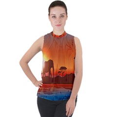 African Background Mock Neck Chiffon Sleeveless Top by Simbadda