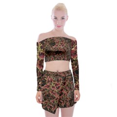 Plant Colorful Red Garden Leaves Off Shoulder Top With Mini Skirt Set by Simbadda